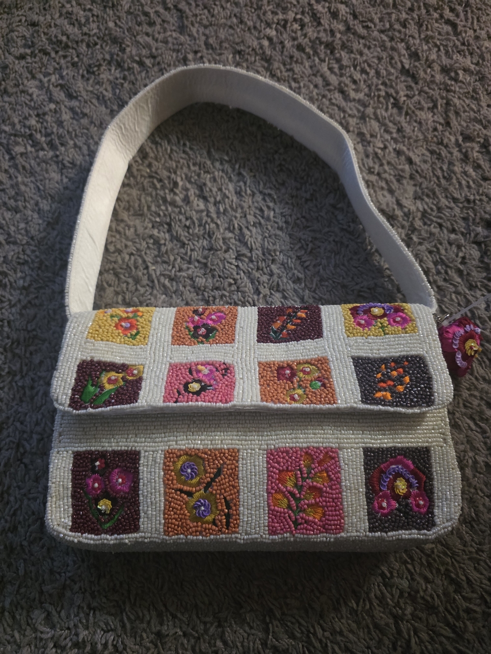 Indian Summer White Beaded Floral Shoulder Bag with Multicolor Accents